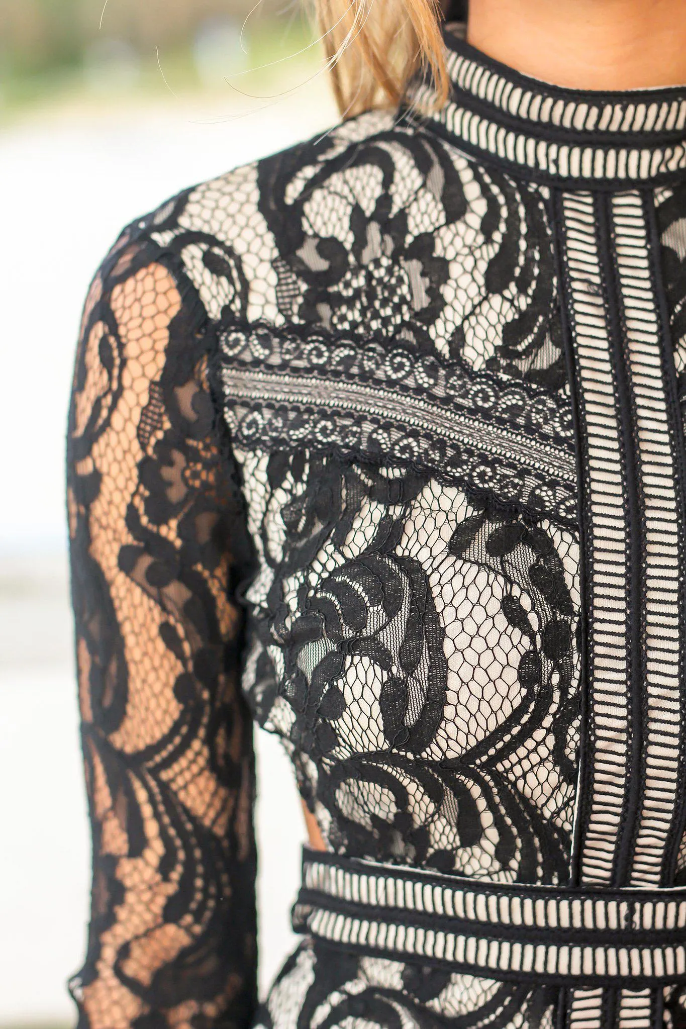 Black and Nude Short Dress with Long Sleeves