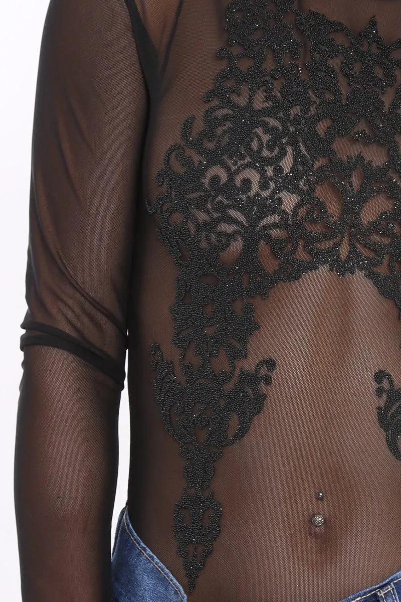 Black Mesh Bodysuit with Black Sparkle Beading - Violet