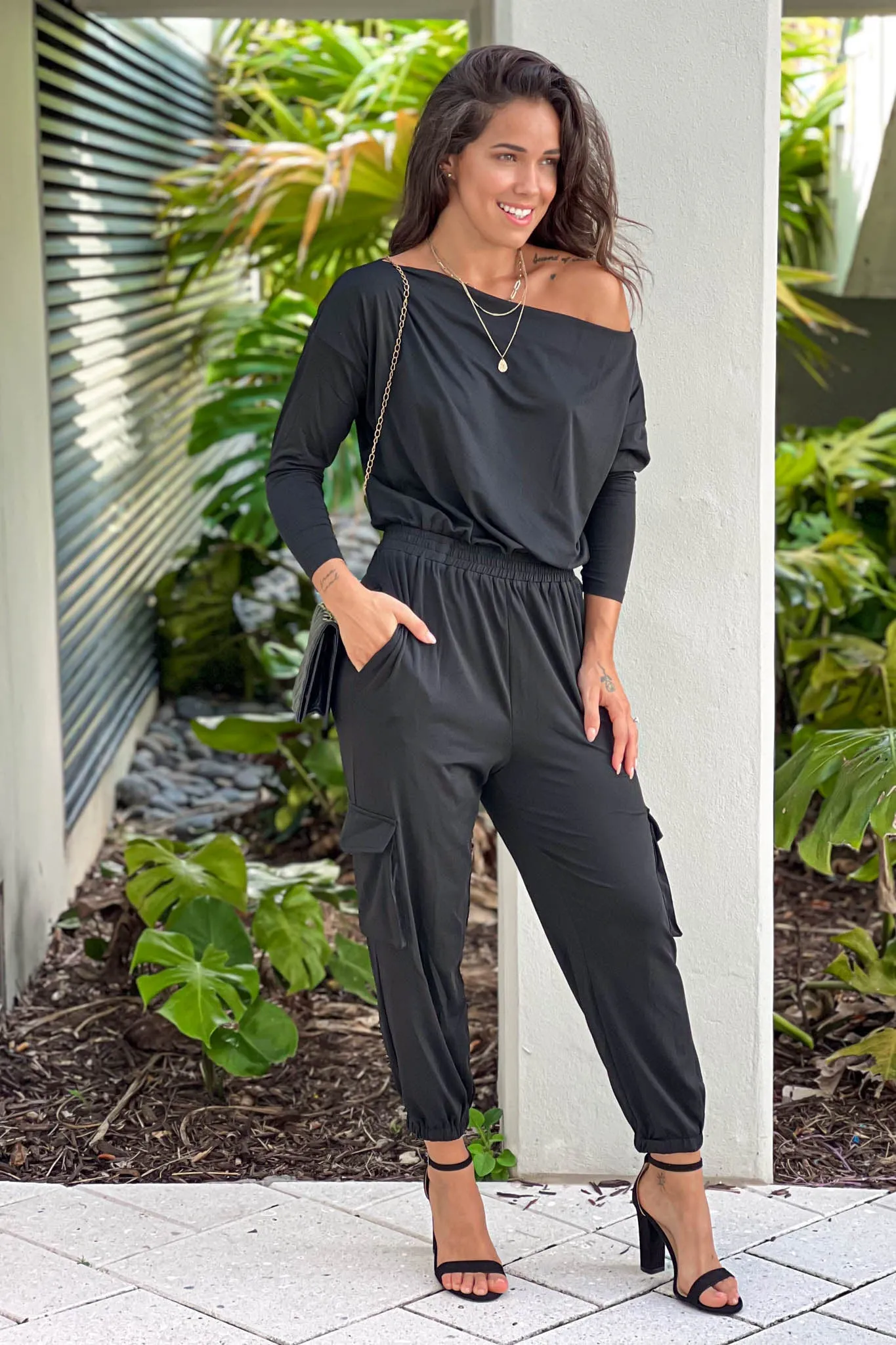 Black One Shoulder Jumpsuit With Sleeves