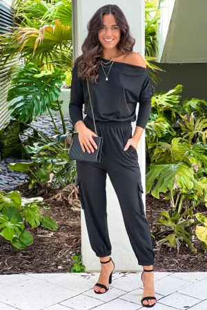 Black One Shoulder Jumpsuit With Sleeves