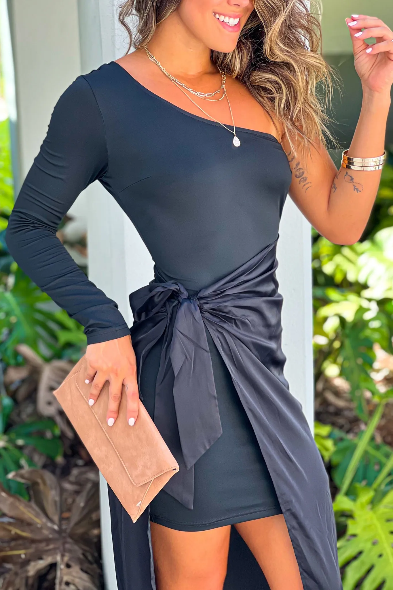 Black One Shoulder Maxi Dress With Tie
