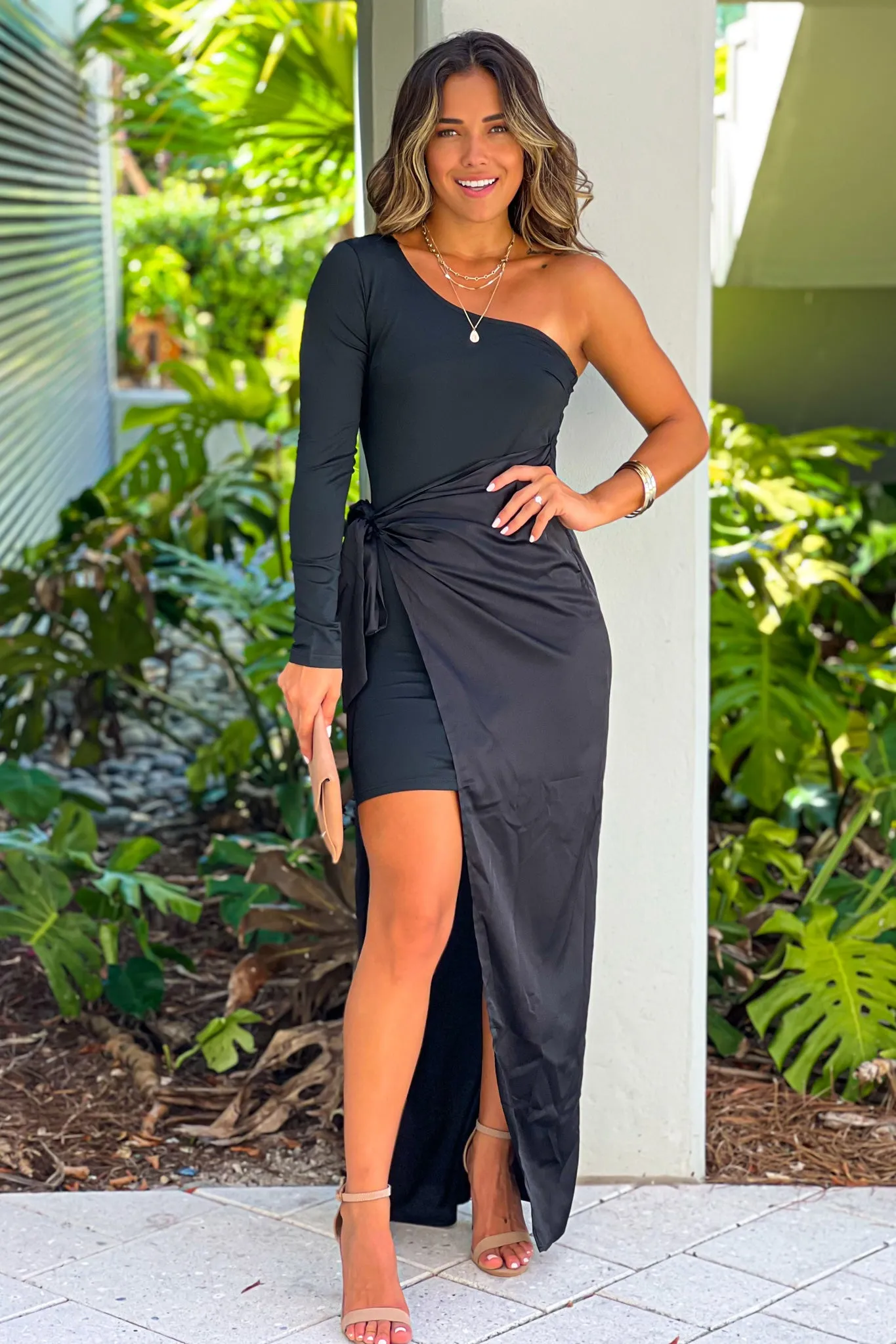 Black One Shoulder Maxi Dress With Tie