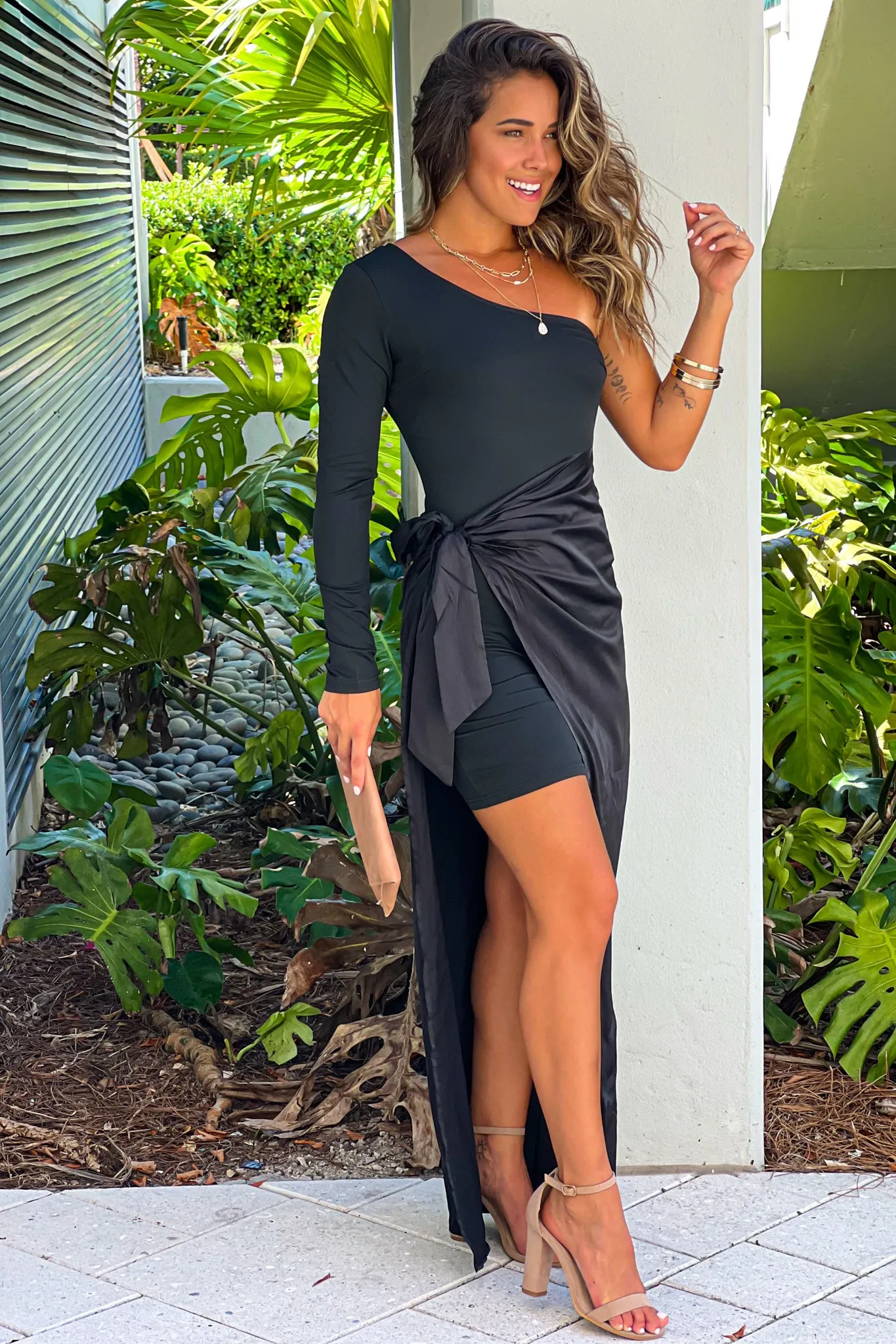 Black One Shoulder Maxi Dress With Tie