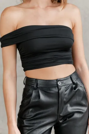 Black Single Side Off Shoulder Crop Top
