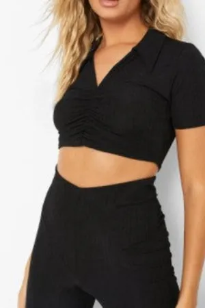 Black Slinky Poly Ruched Crop Top