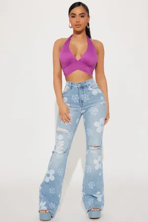 Blooming Floral Stretch Flare Jean - Light Wash