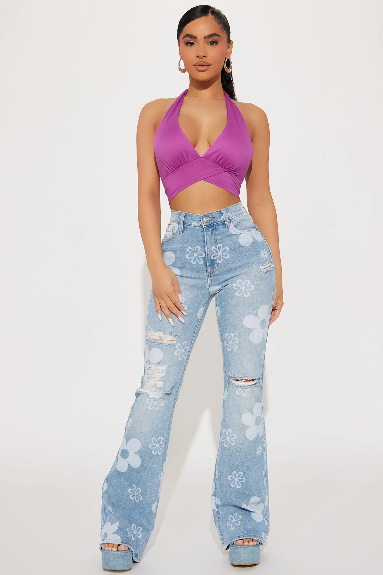 Blooming Floral Stretch Flare Jean - Light Wash