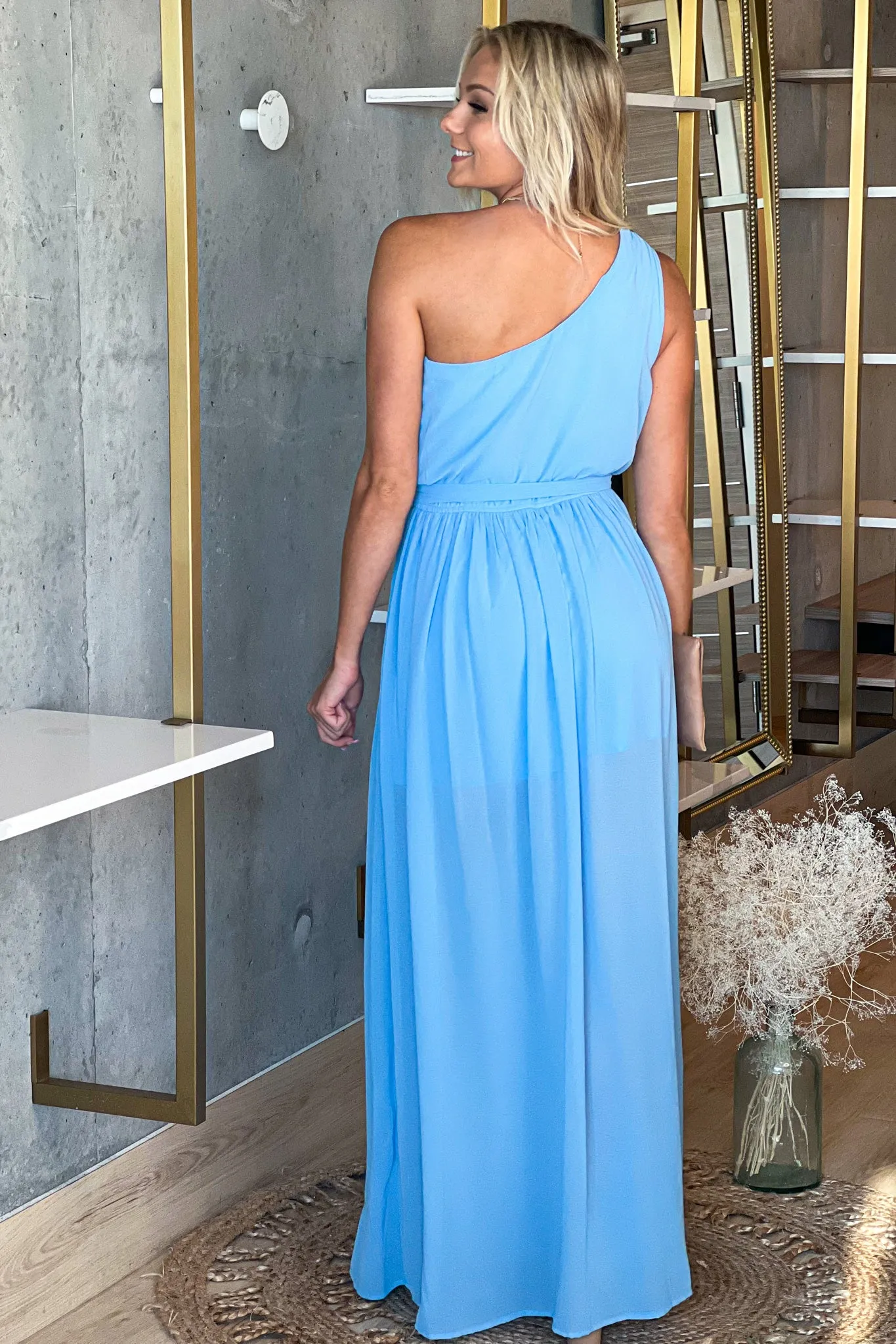 Blue One Shoulder Maxi Dress With Slit