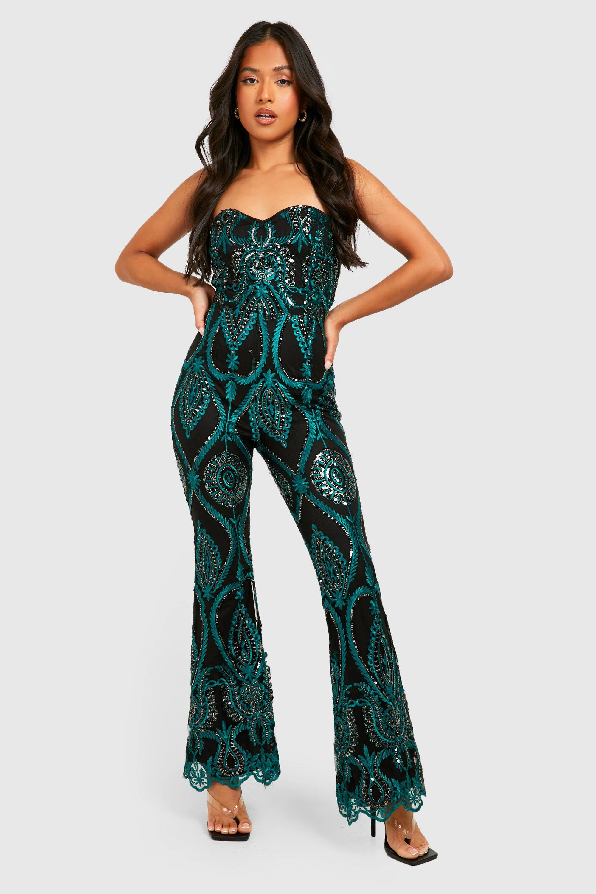 Boohoo Small Damask Sequin Bandeau Jumpsuit, Turquoise