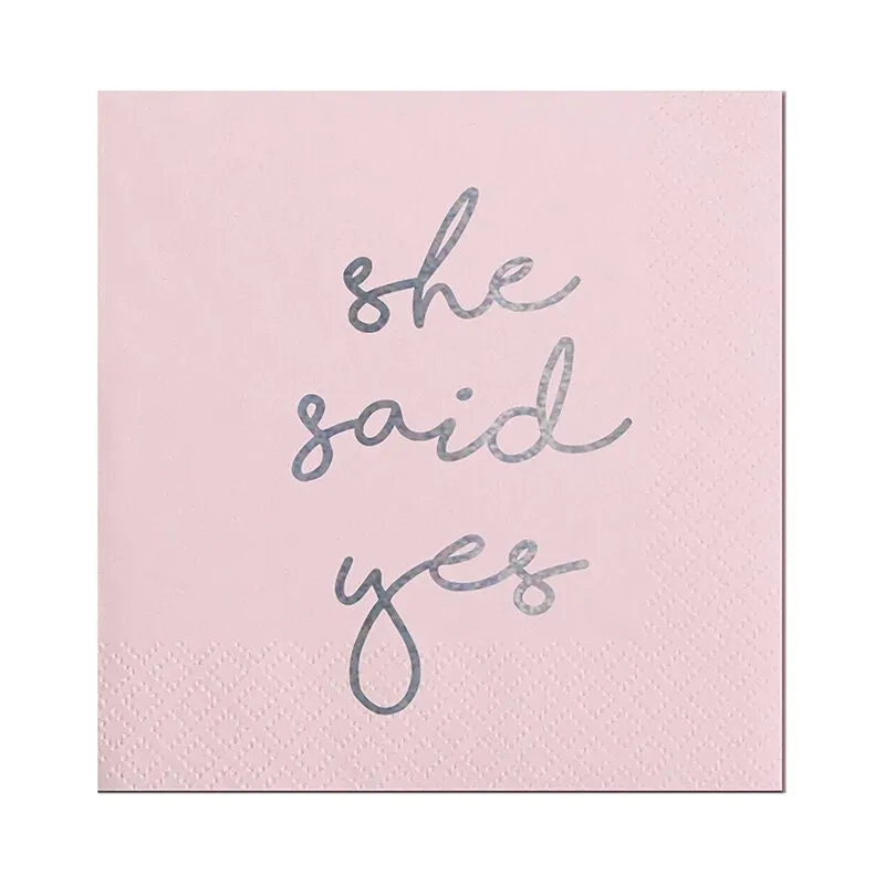 Bridal Shower Cocktail Napkins, Set of 20 Light Pink Beverage Napkins With Silver Foil Lettering: "She Said Yes"