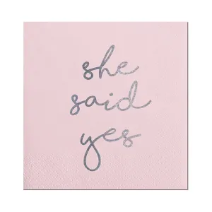 Bridal Shower Cocktail Napkins, Set of 20 Light Pink Beverage Napkins With Silver Foil Lettering: "She Said Yes"