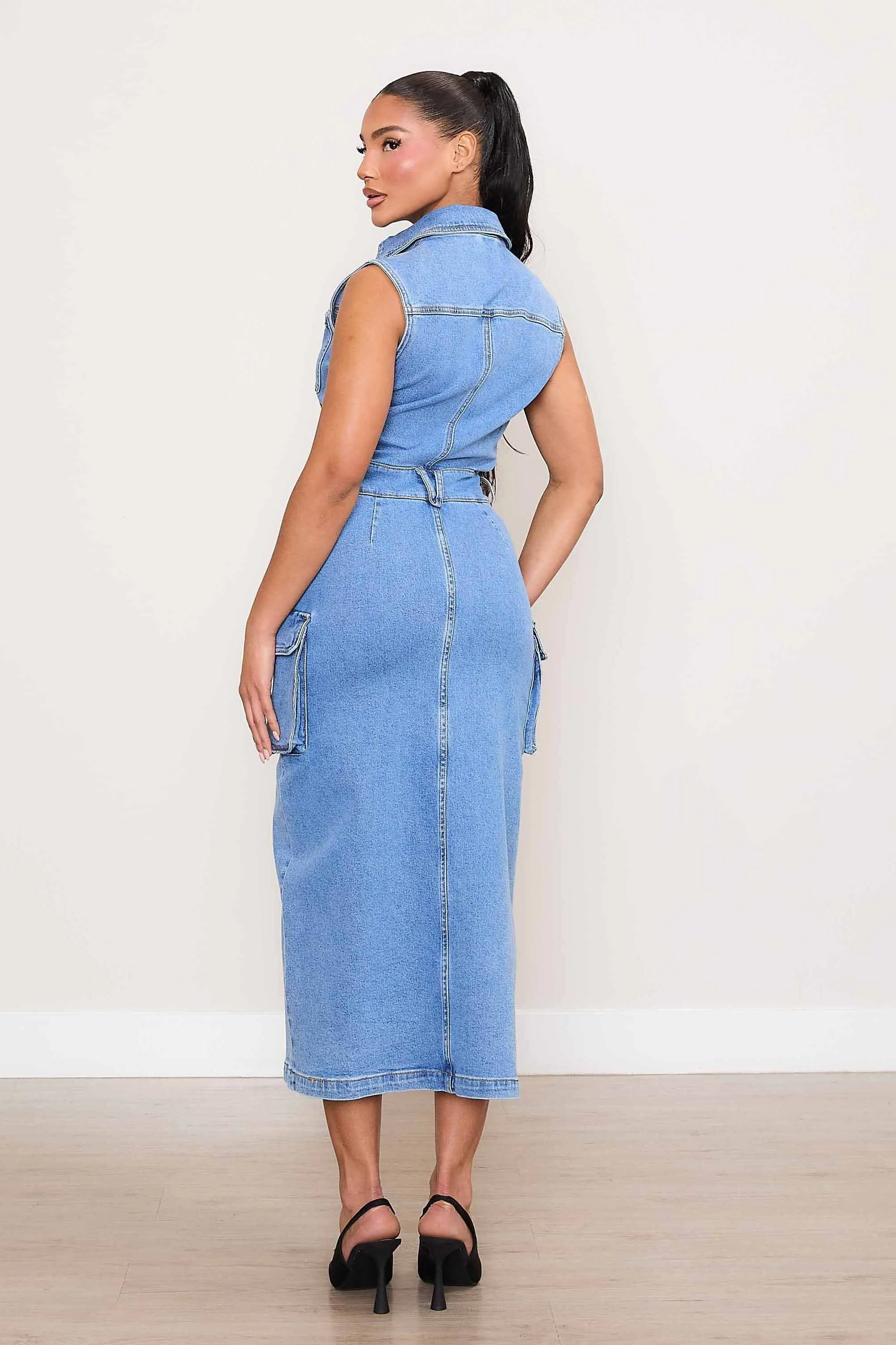 Cargo Pockets Denim Dress