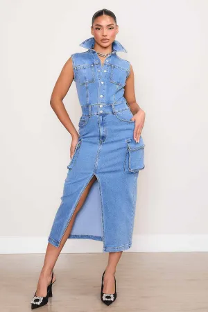 Cargo Pockets Denim Dress