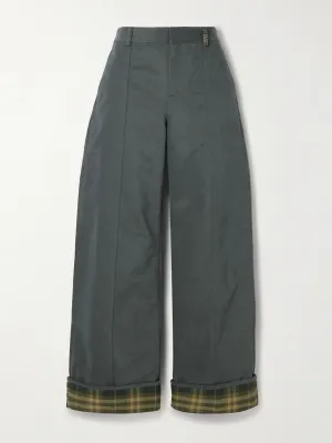 Checked twill-trimmed brushed cotton-blend wide-leg pants