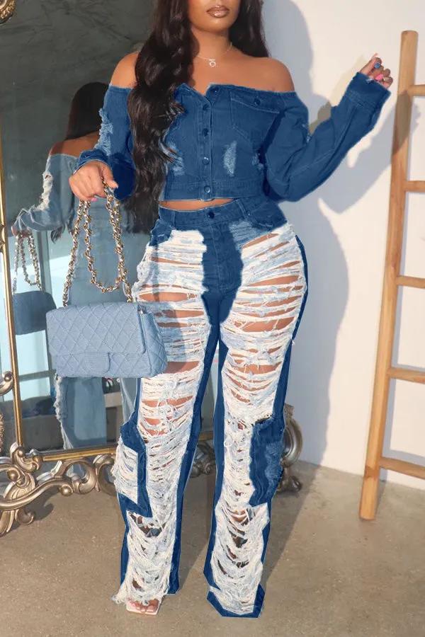 Chic Ripped Raw Trim Flap Pocket Jeans