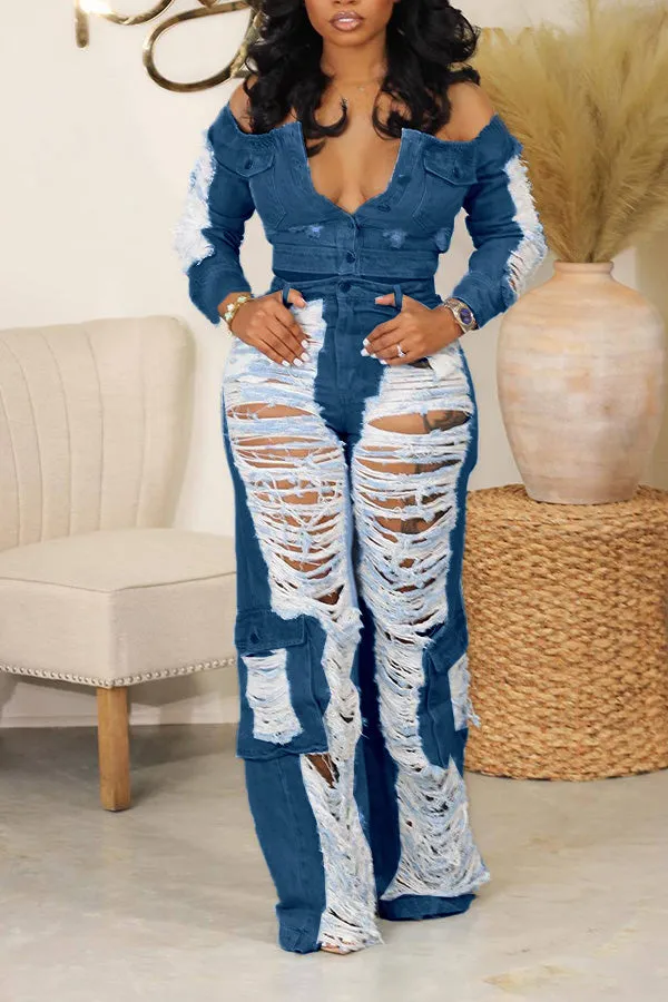 Chic Ripped Raw Trim Flap Pocket Jeans