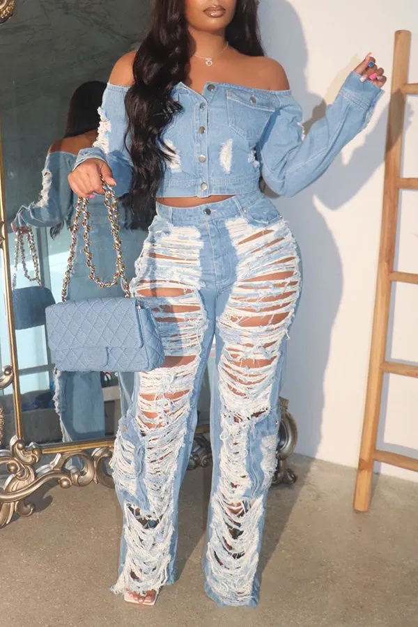 Chic Ripped Raw Trim Flap Pocket Jeans