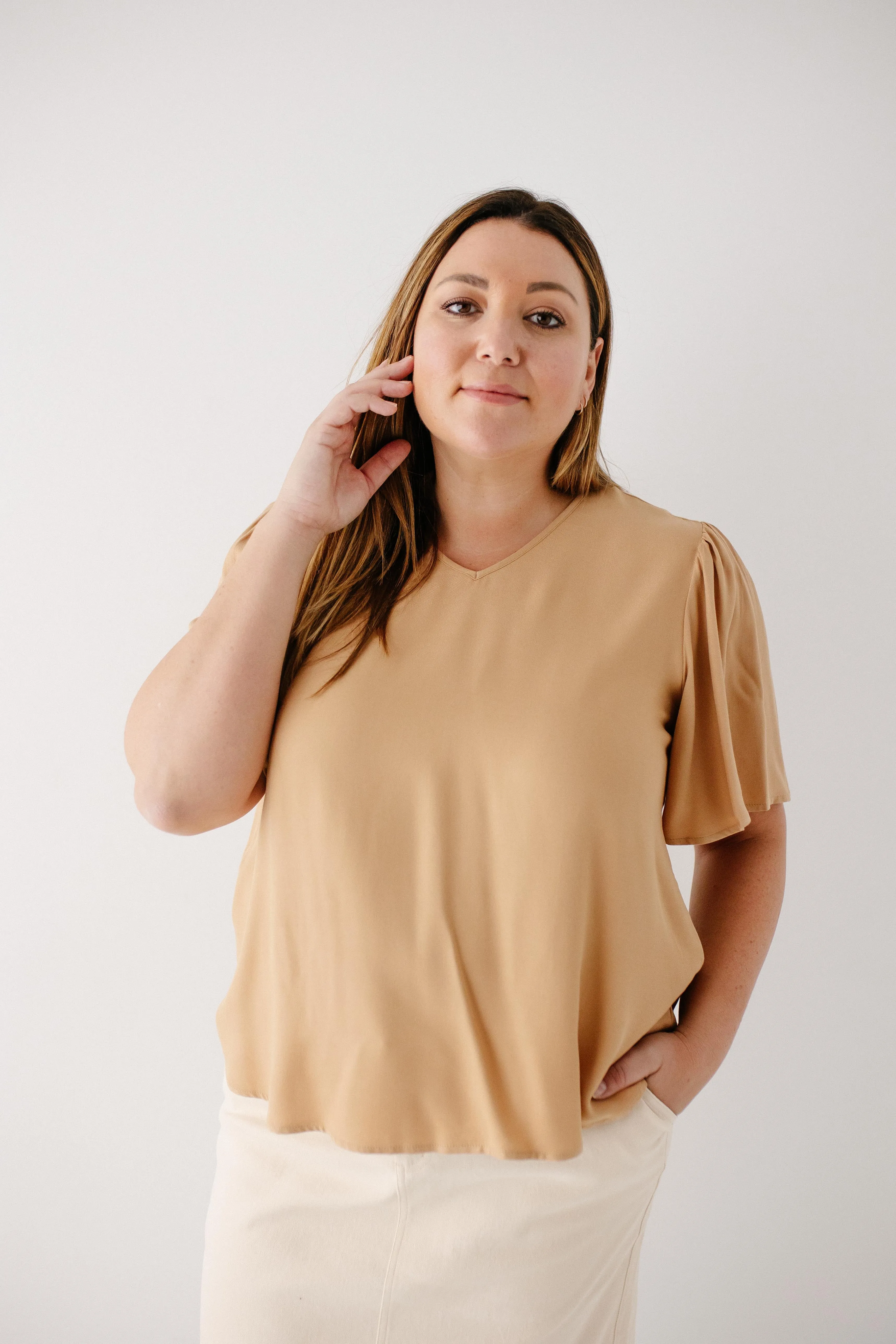 'Christie' Flutter Sleeve V-Neck Top in Tan FINAL SALE