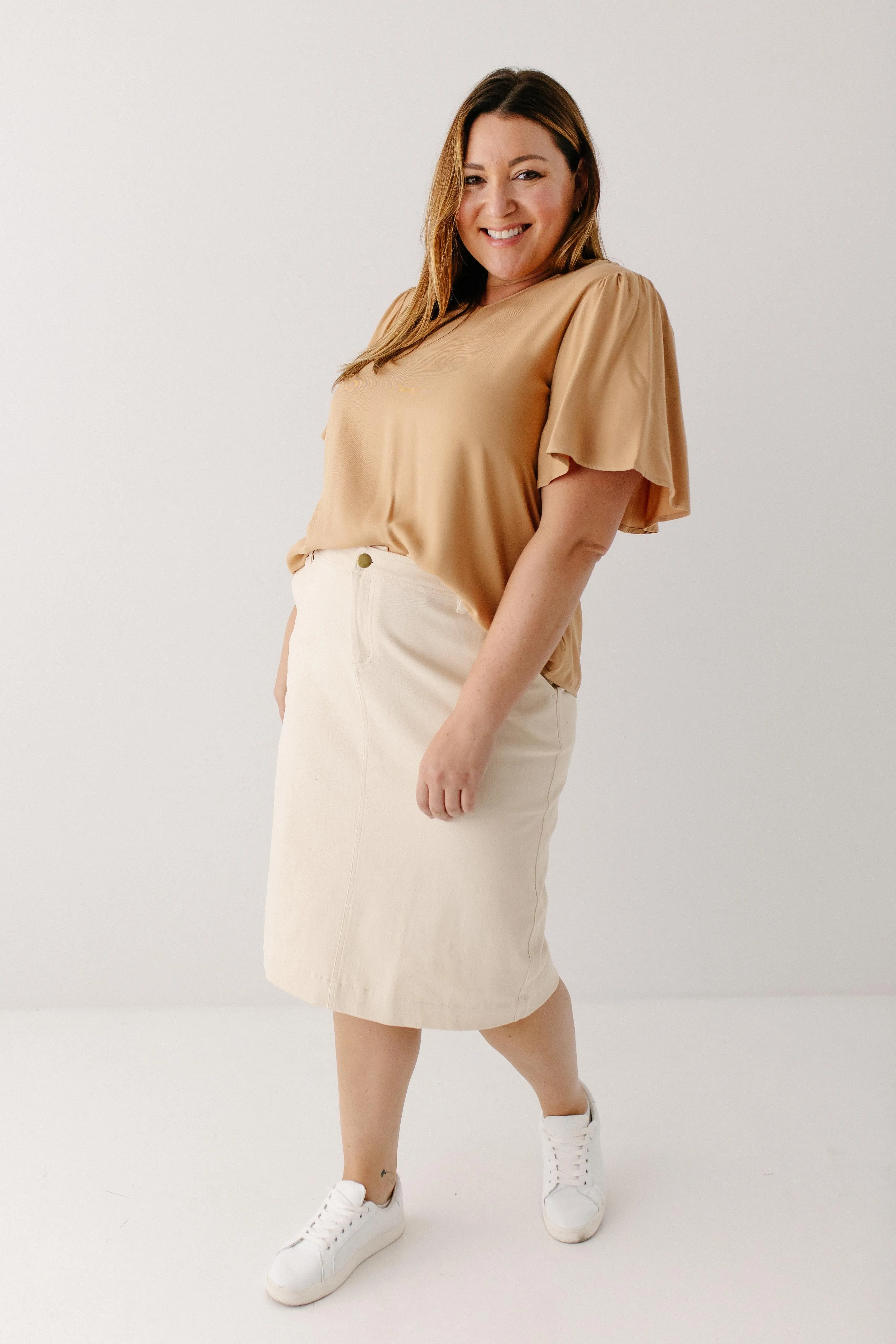 'Christie' Flutter Sleeve V-Neck Top in Tan FINAL SALE