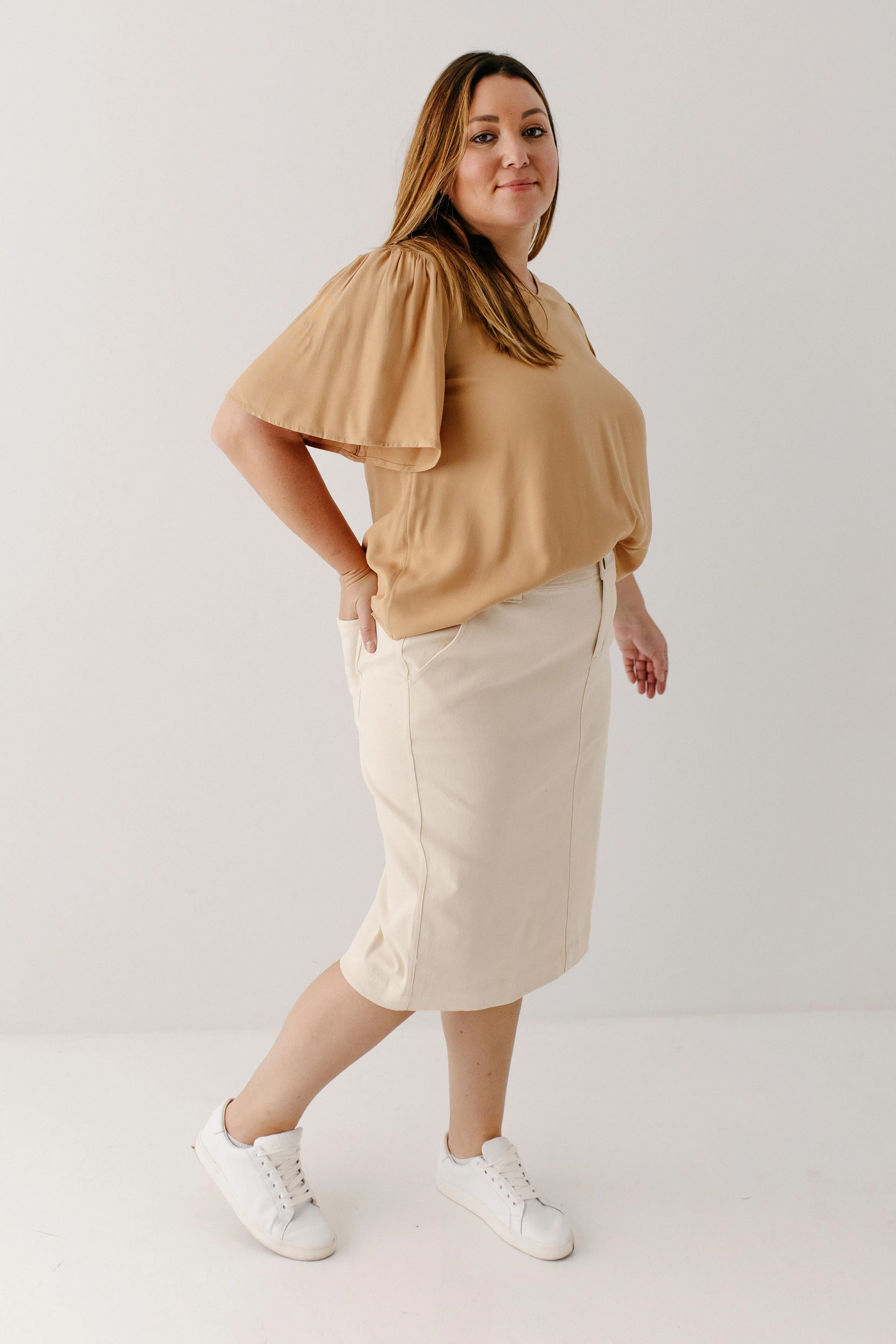 'Christie' Flutter Sleeve V-Neck Top in Tan FINAL SALE
