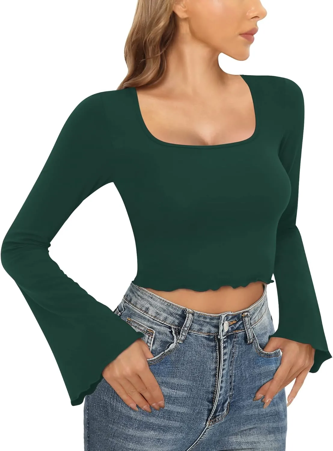 CLOZOZ Crop Tops for Women Square Neck Long Bell Sleeve Tops Lettuce Trim Crop Top Slim Fitted Blouse Sexy Tops for Women