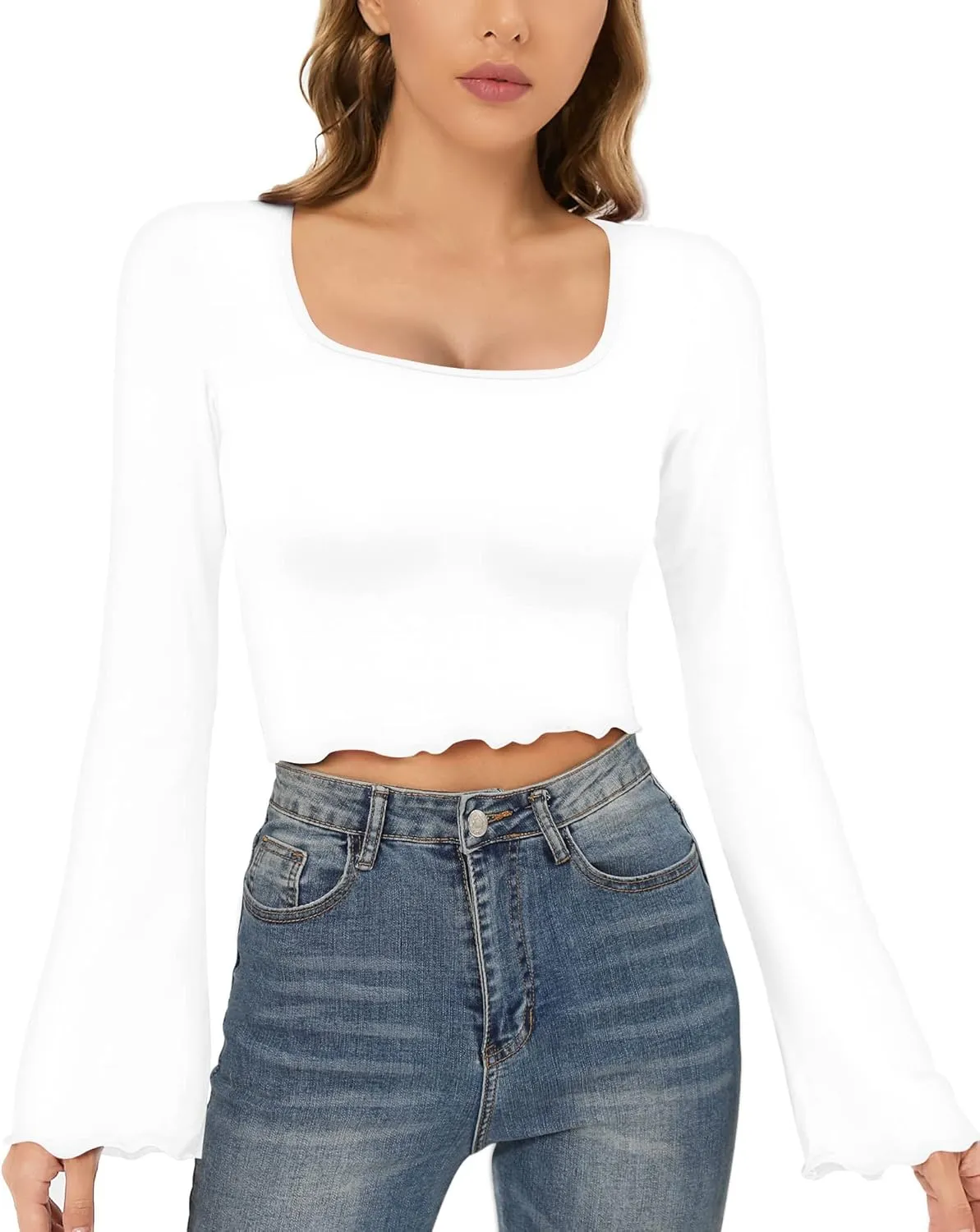 CLOZOZ Crop Tops for Women Square Neck Long Bell Sleeve Tops Lettuce Trim Crop Top Slim Fitted Blouse Sexy Tops for Women