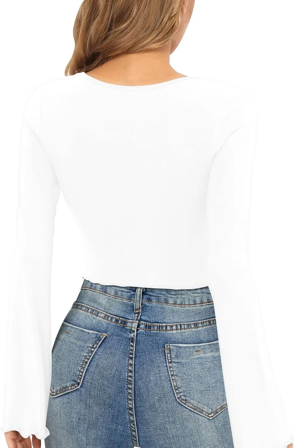 CLOZOZ Crop Tops for Women Square Neck Long Bell Sleeve Tops Lettuce Trim Crop Top Slim Fitted Blouse Sexy Tops for Women