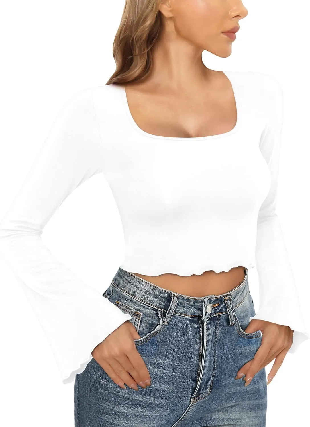 CLOZOZ Crop Tops for Women Square Neck Long Bell Sleeve Tops Lettuce Trim Crop Top Slim Fitted Blouse Sexy Tops for Women