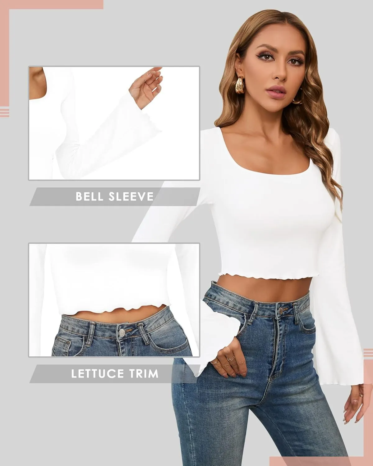 CLOZOZ Crop Tops for Women Square Neck Long Bell Sleeve Tops Lettuce Trim Crop Top Slim Fitted Blouse Sexy Tops for Women