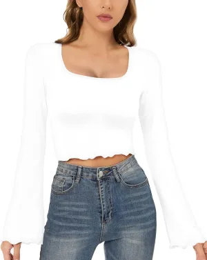 CLOZOZ Crop Tops for Women Square Neck Long Bell Sleeve Tops Lettuce Trim Crop Top Slim Fitted Blouse Sexy Tops for Women