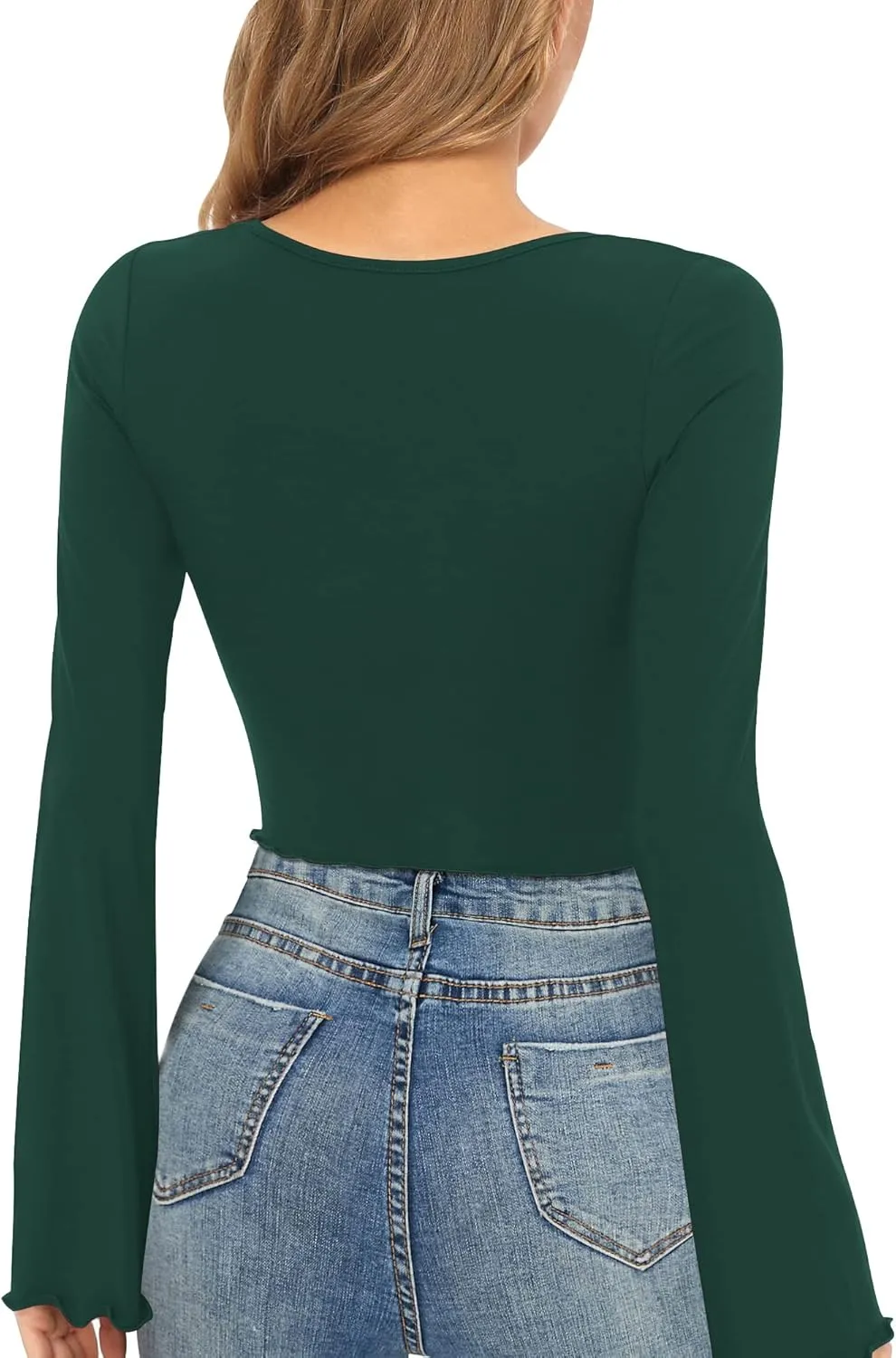 CLOZOZ Crop Tops for Women Square Neck Long Bell Sleeve Tops Lettuce Trim Crop Top Slim Fitted Blouse Sexy Tops for Women
