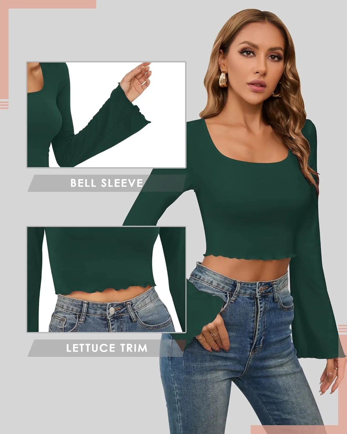 CLOZOZ Crop Tops for Women Square Neck Long Bell Sleeve Tops Lettuce Trim Crop Top Slim Fitted Blouse Sexy Tops for Women