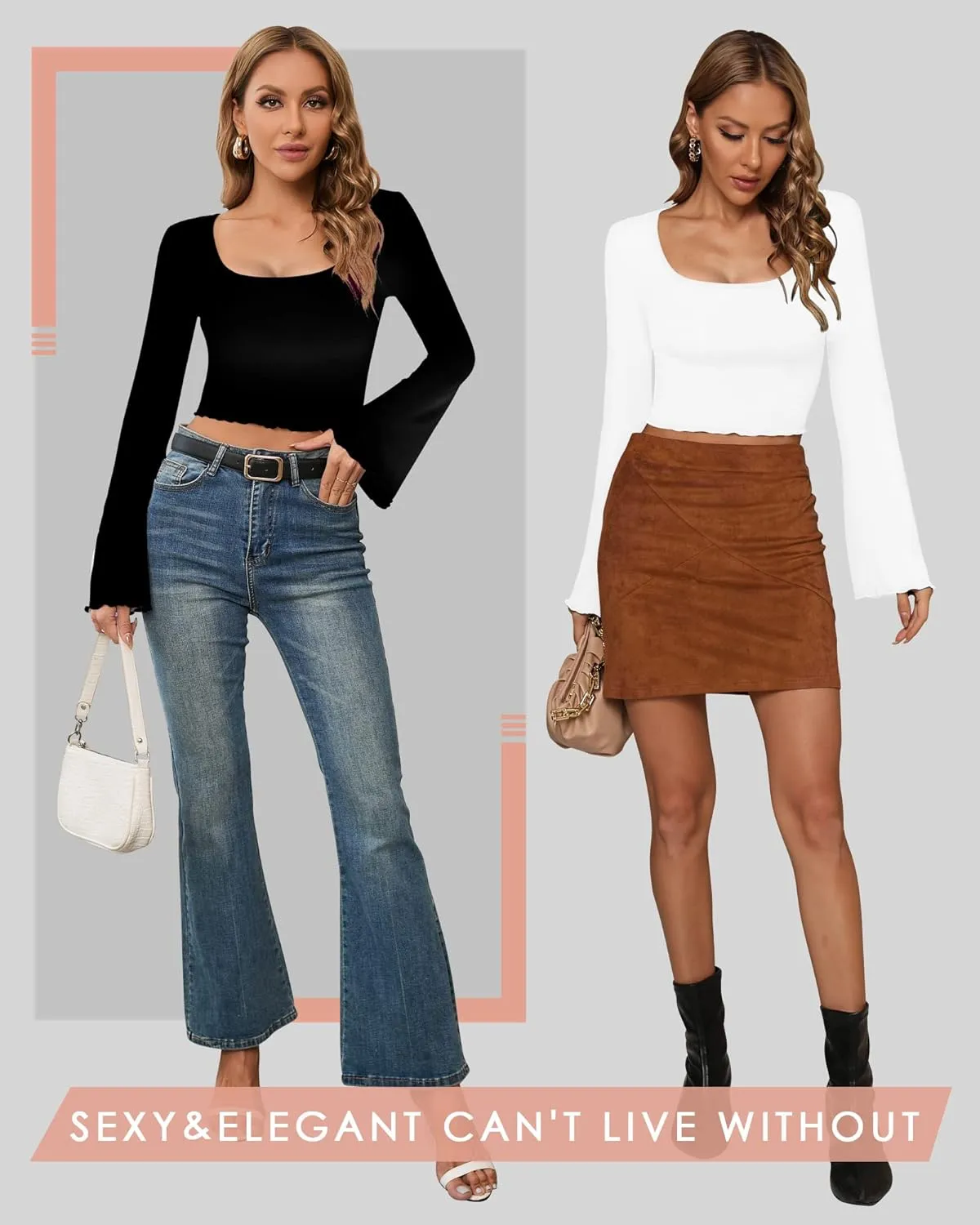 CLOZOZ Crop Tops for Women Square Neck Long Bell Sleeve Tops Lettuce Trim Crop Top Slim Fitted Blouse Sexy Tops for Women