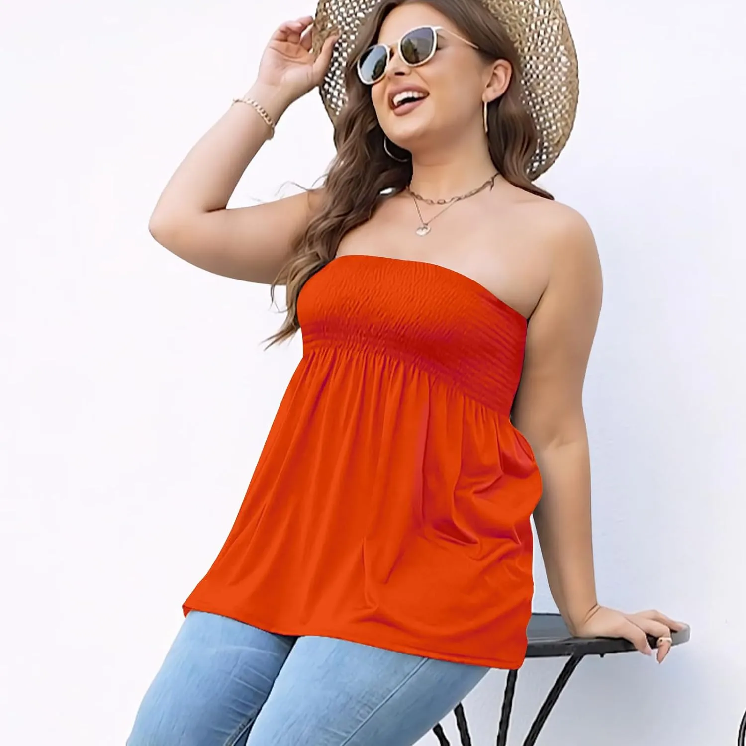 Comeon Plus Size Tube Top for Women Strapless Pleated Off The Shoulder Tops Sexy Summer Tunic Tank Top Soft Casual Cami