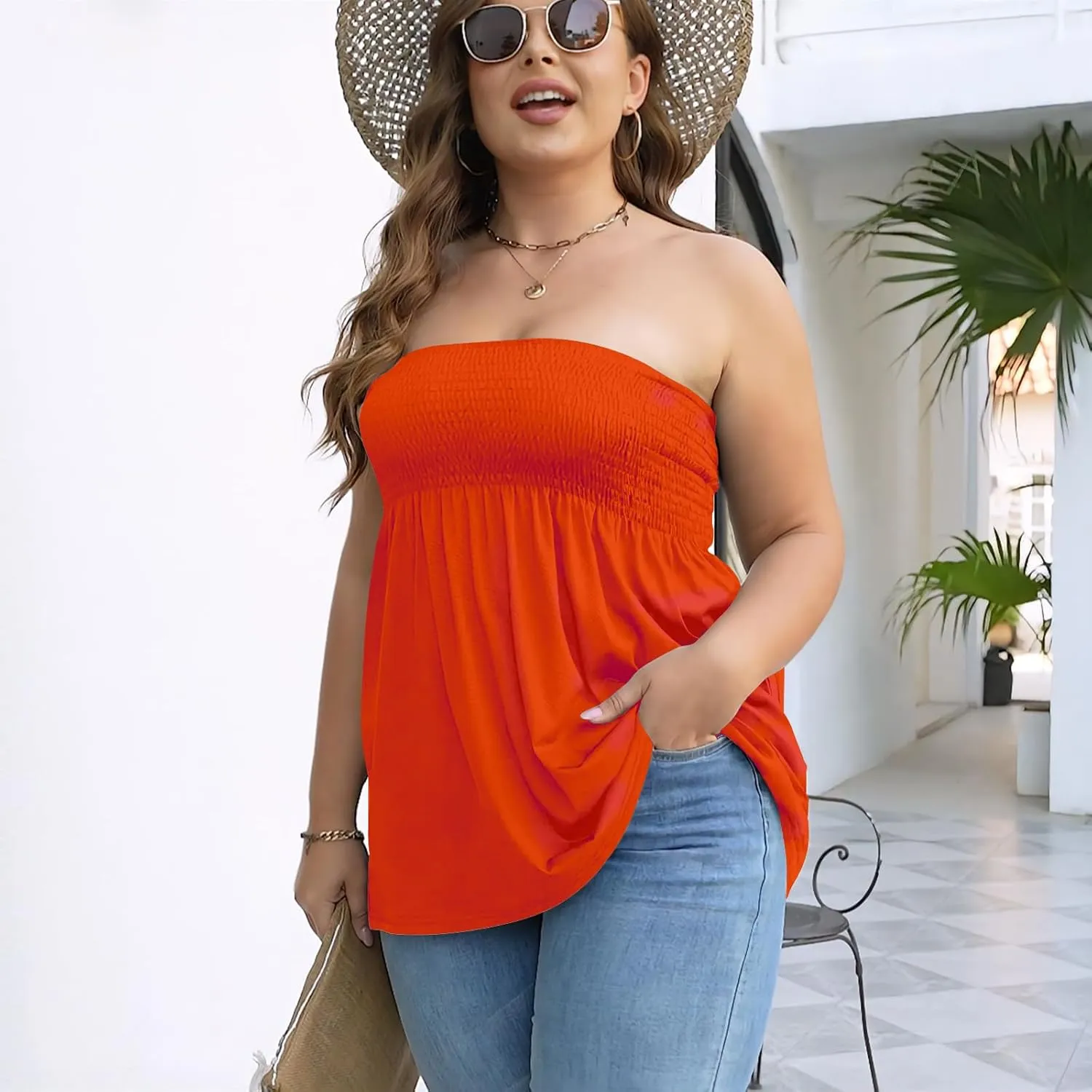 Comeon Plus Size Tube Top for Women Strapless Pleated Off The Shoulder Tops Sexy Summer Tunic Tank Top Soft Casual Cami