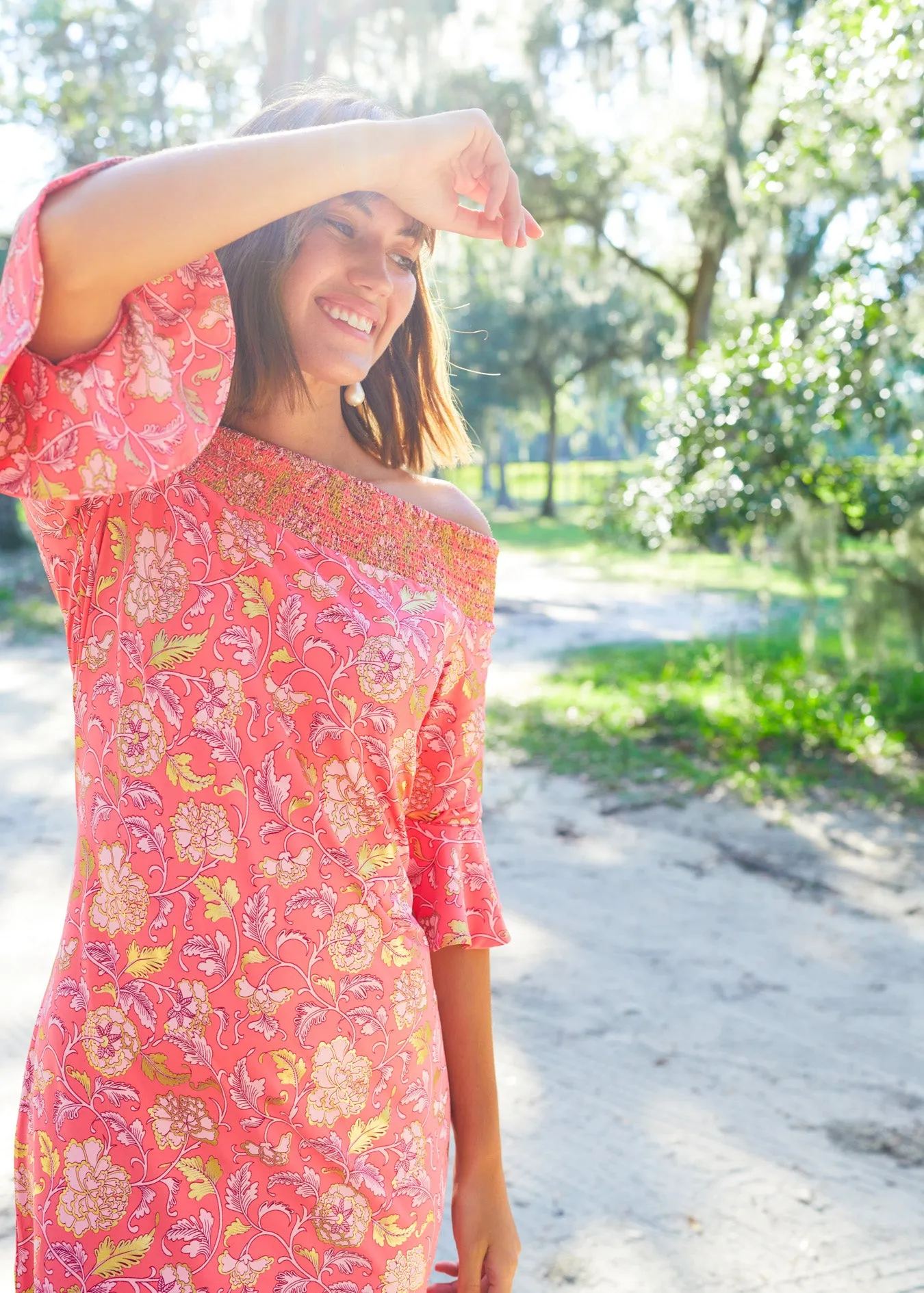 Coral Metallic Off the Shoulder Dress