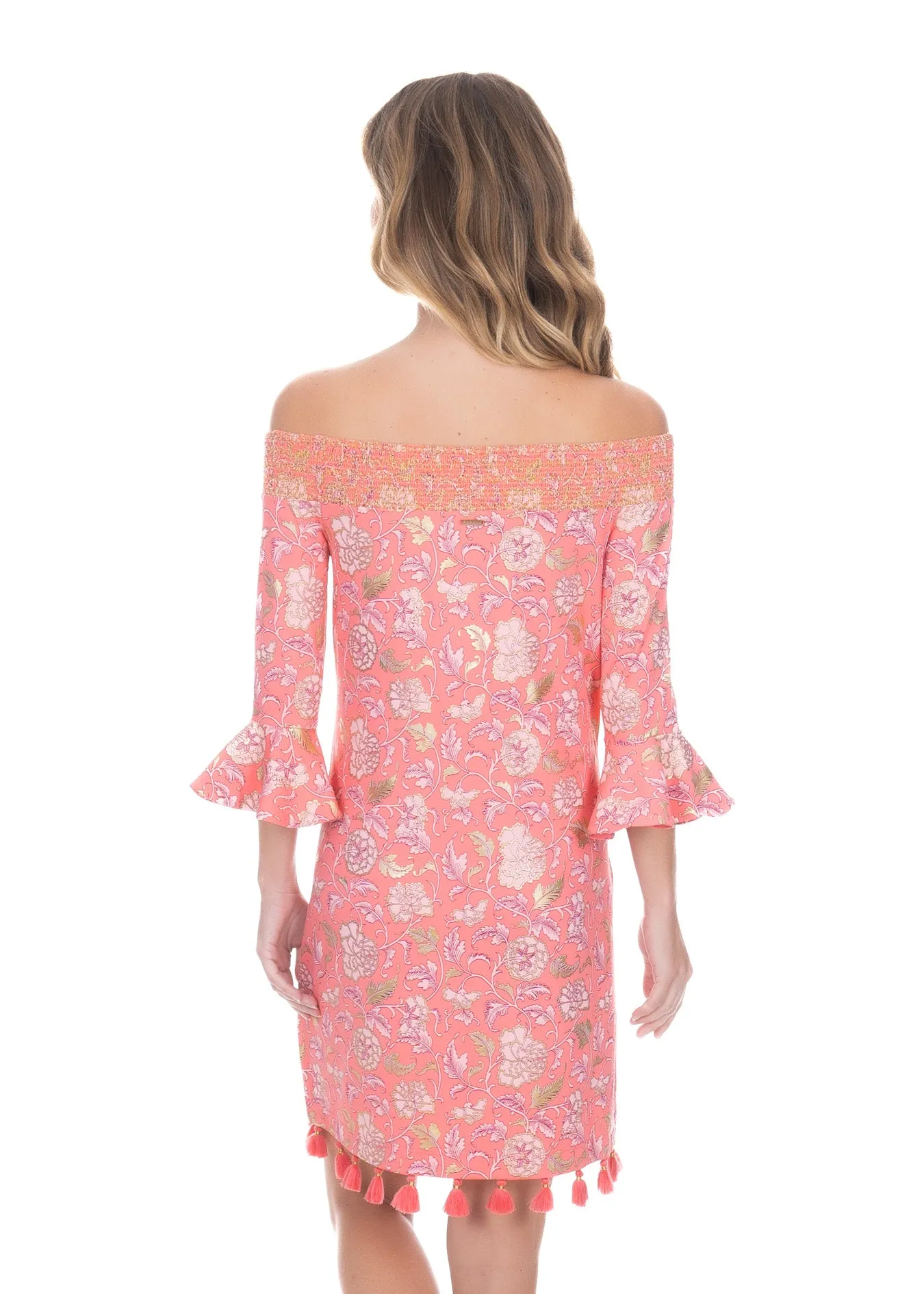 Coral Metallic Off the Shoulder Dress