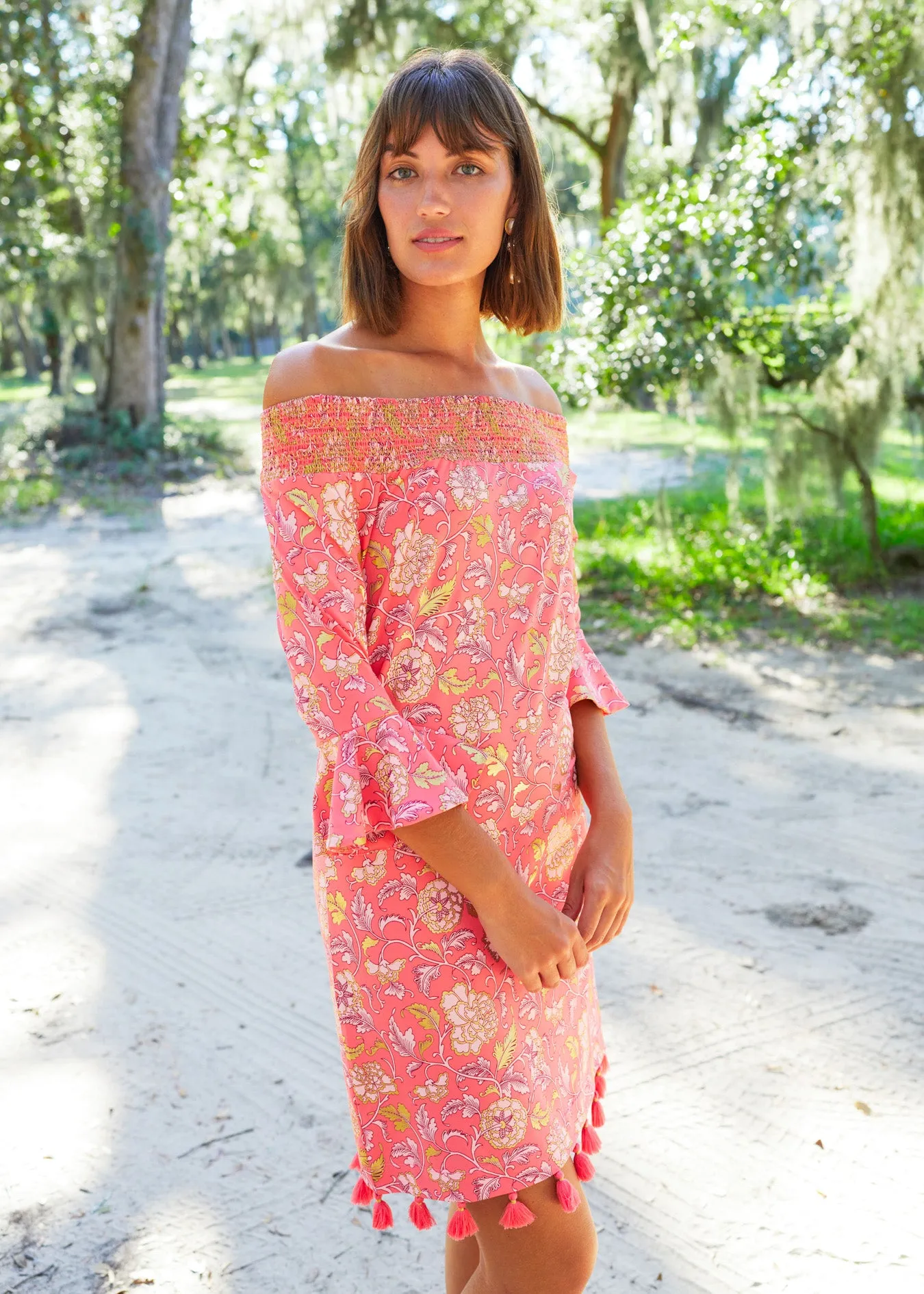 Coral Metallic Off the Shoulder Dress