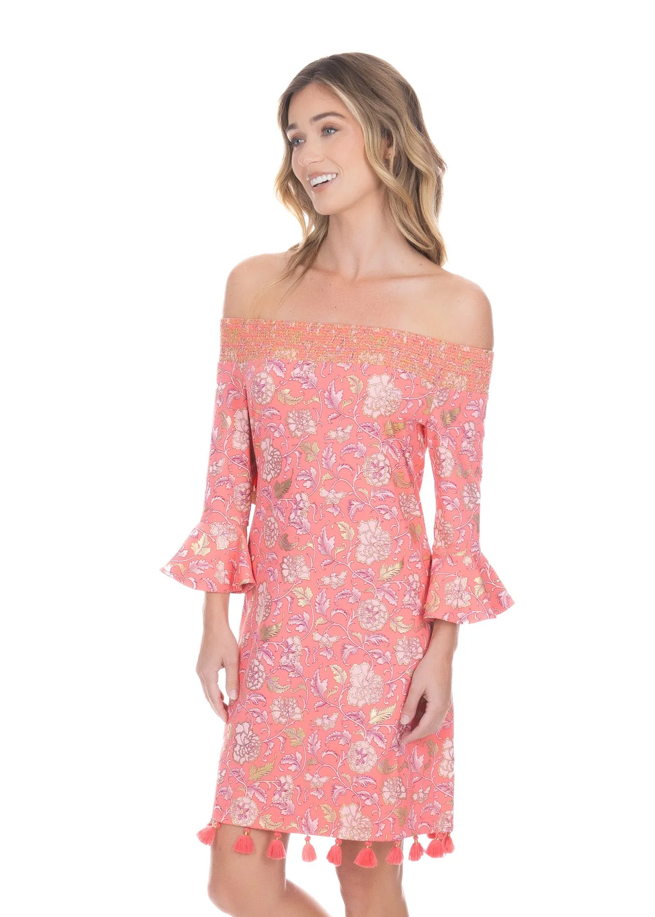 Coral Metallic Off the Shoulder Dress