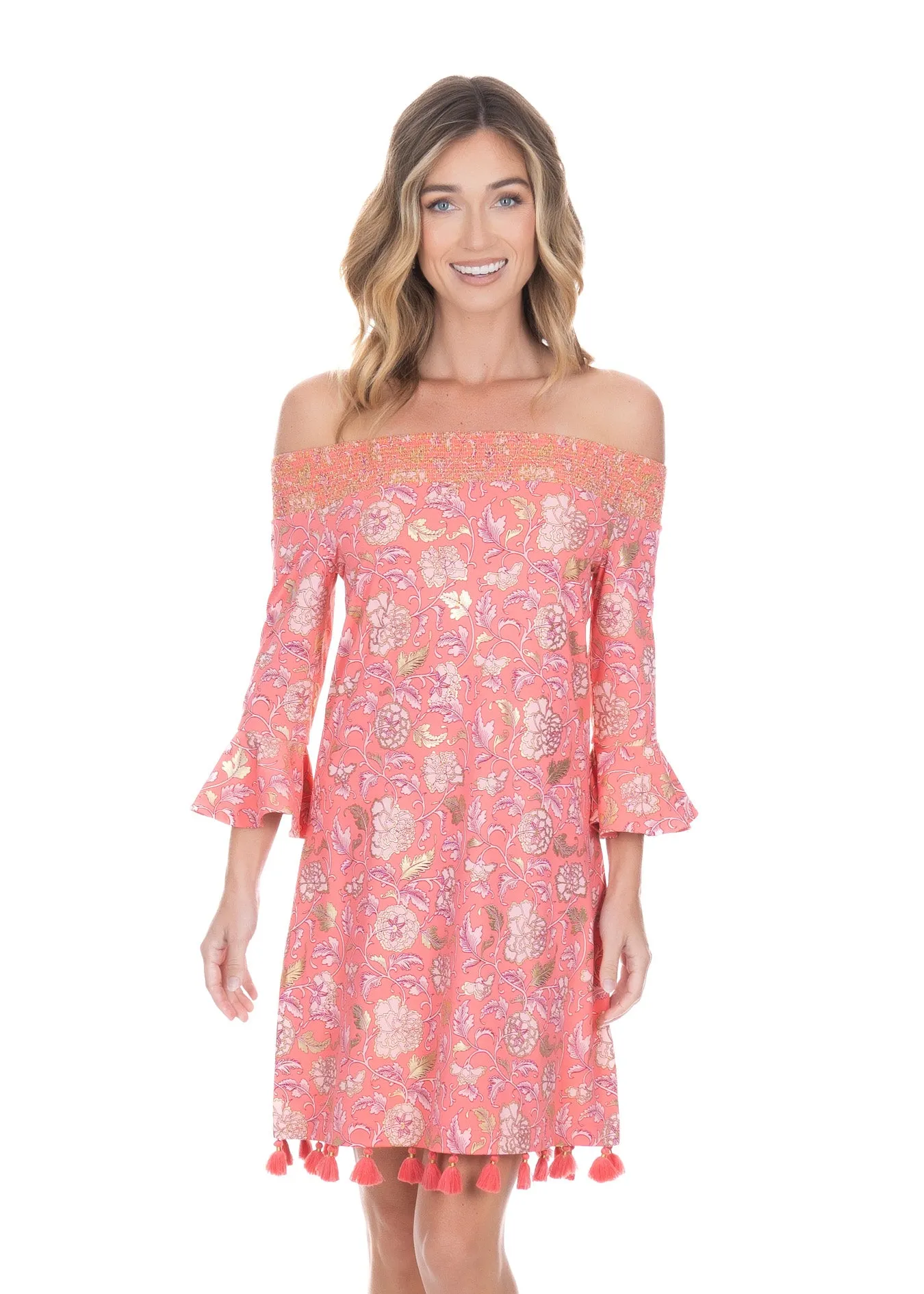 Coral Metallic Off the Shoulder Dress