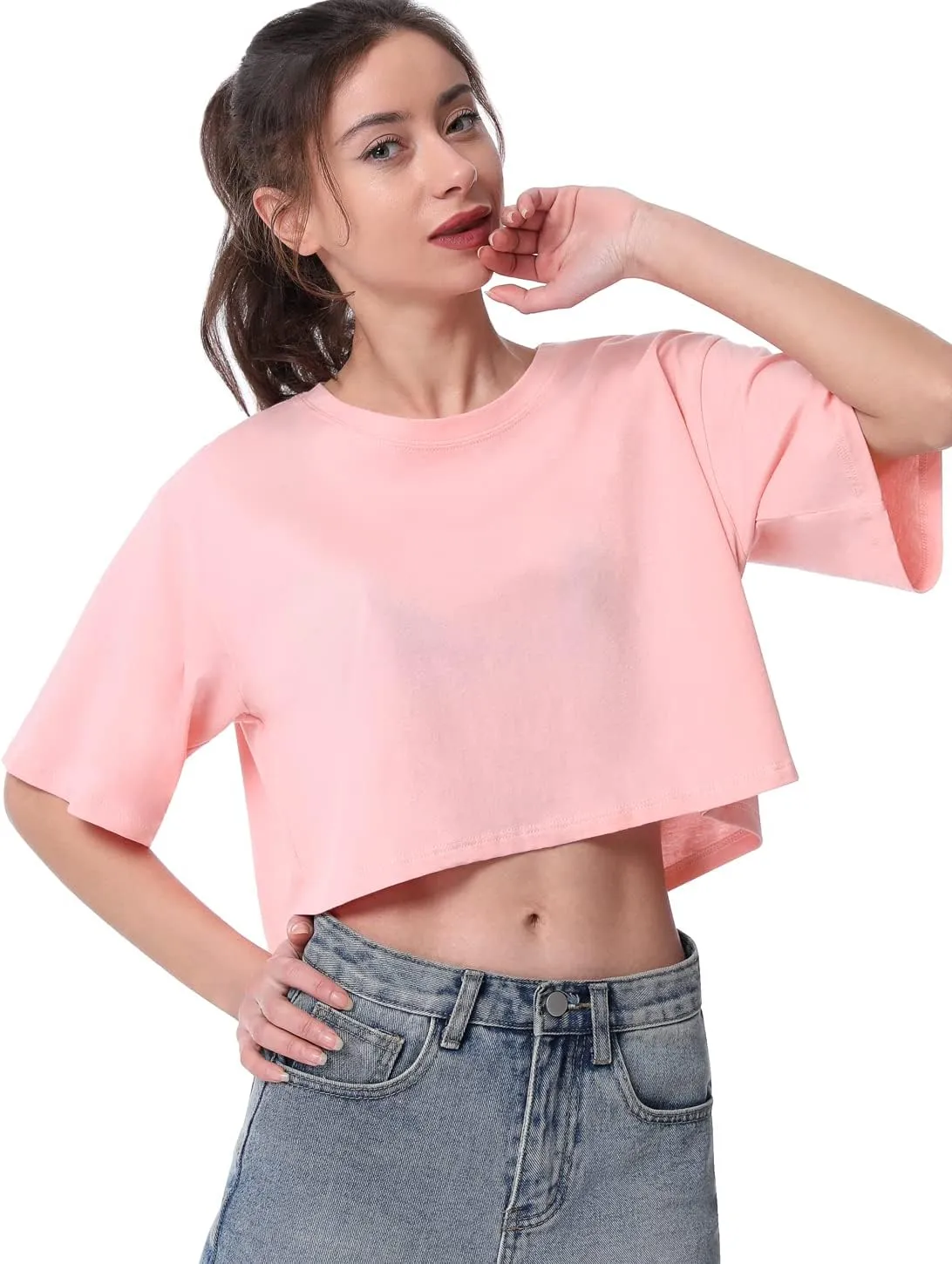 Cosy Pyro 4-Pack Women's Cotton Crop T-Shirts Short Sleeve Solid Cropped Athletic Top Round Neck Casual Workout Yoga Tees