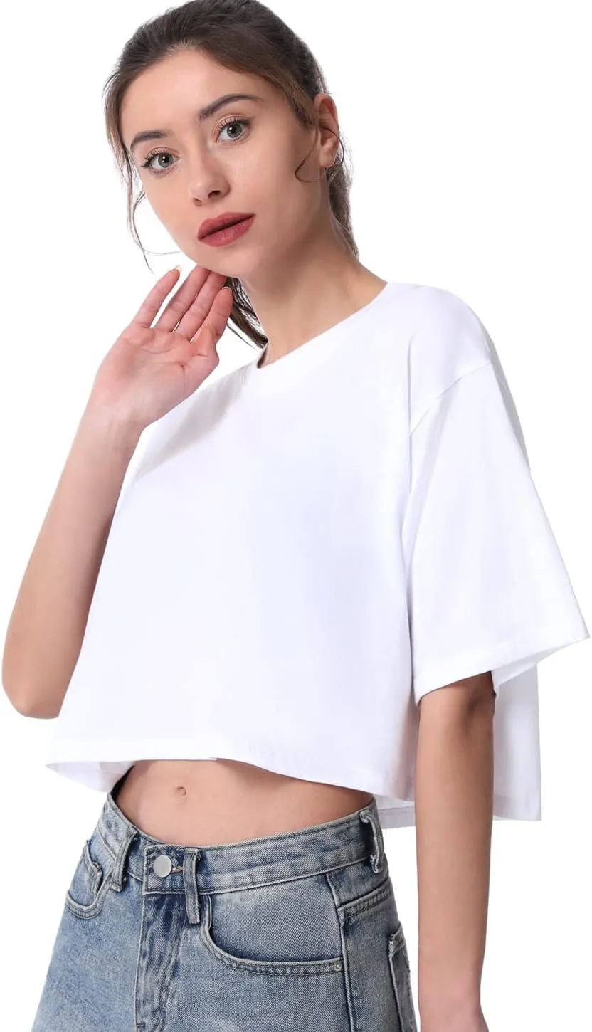 Cosy Pyro 4-Pack Women's Cotton Crop T-Shirts Short Sleeve Solid Cropped Athletic Top Round Neck Casual Workout Yoga Tees