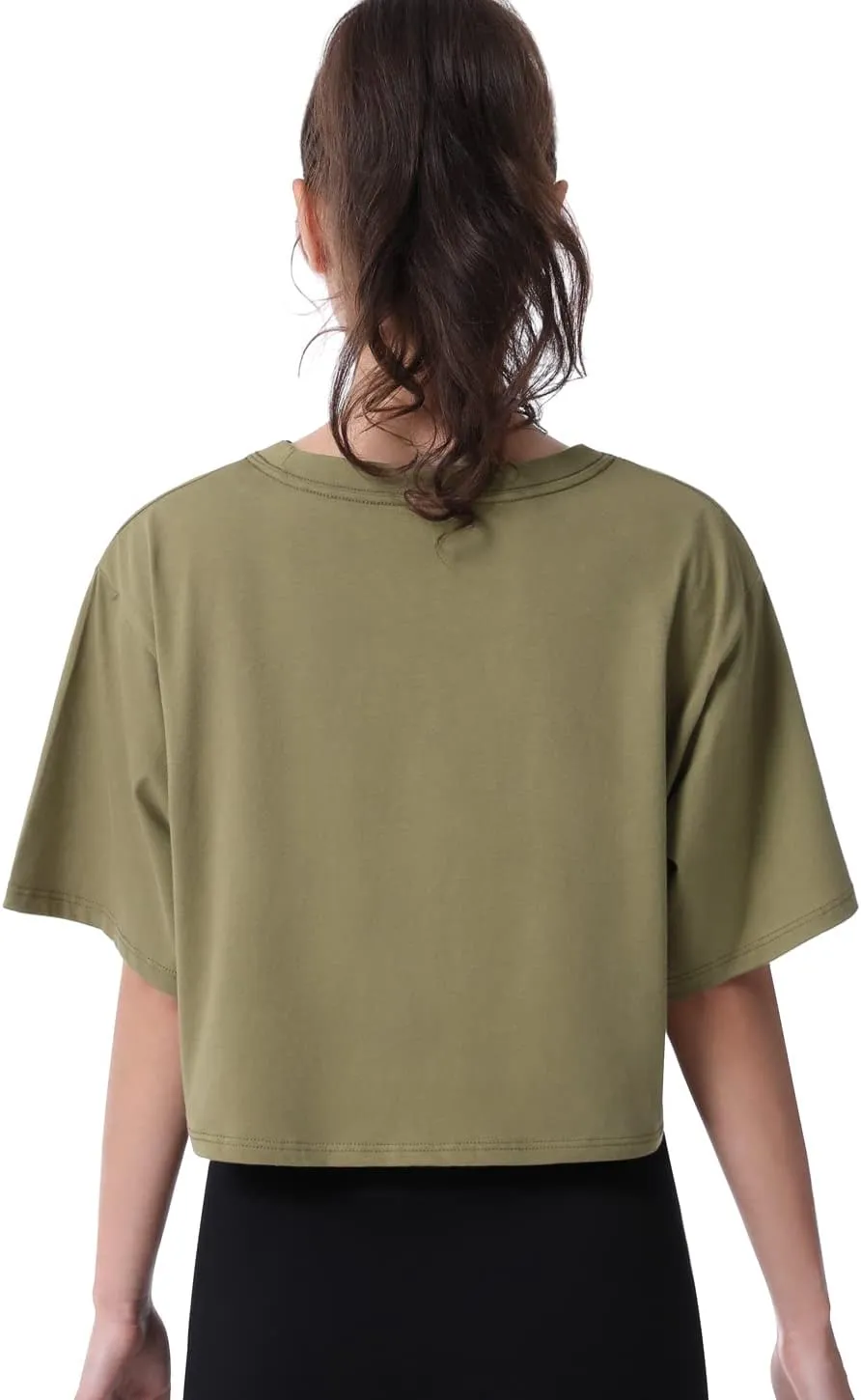Cosy Pyro 4-Pack Women's Cotton Crop T-Shirts Short Sleeve Solid Cropped Athletic Top Round Neck Casual Workout Yoga Tees