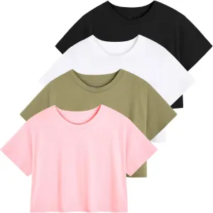 Cosy Pyro 4-Pack Women's Cotton Crop T-Shirts Short Sleeve Solid Cropped Athletic Top Round Neck Casual Workout Yoga Tees