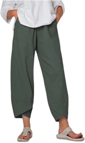 Cotton Linen Harem Pants for Women, Baggy Walk Trousers with Pockets, Elastic Waist Wide Leg Casual Summer Capris Pants