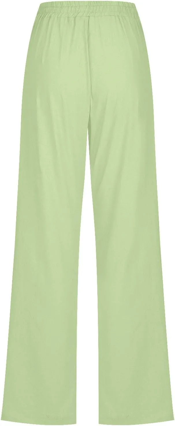 Cotton Linen Pants for Women Straight Leg Drawstring High Waist Trousers Relaxed Fit Elastic Waist Lounge Long Trouser