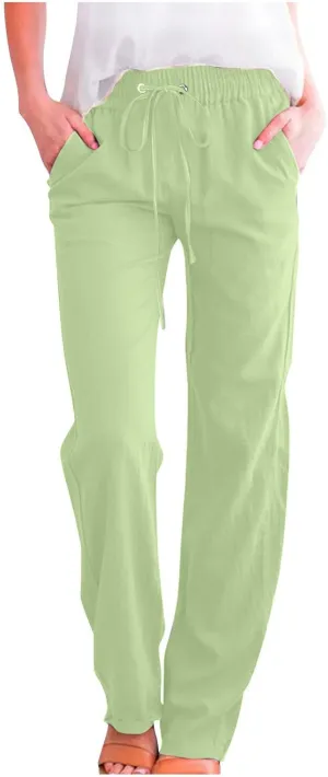 Cotton Linen Pants for Women Straight Leg Drawstring High Waist Trousers Relaxed Fit Elastic Waist Lounge Long Trouser