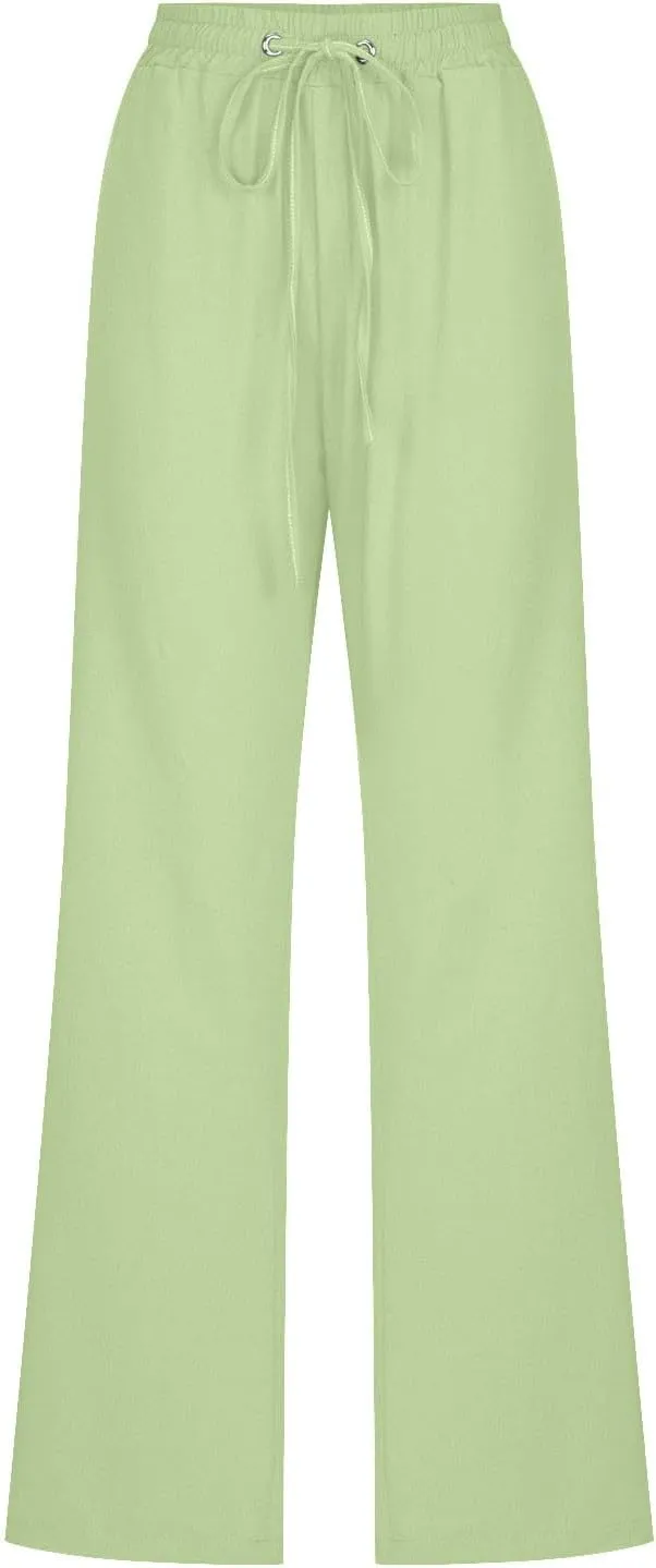 Cotton Linen Pants for Women Straight Leg Drawstring High Waist Trousers Relaxed Fit Elastic Waist Lounge Long Trouser
