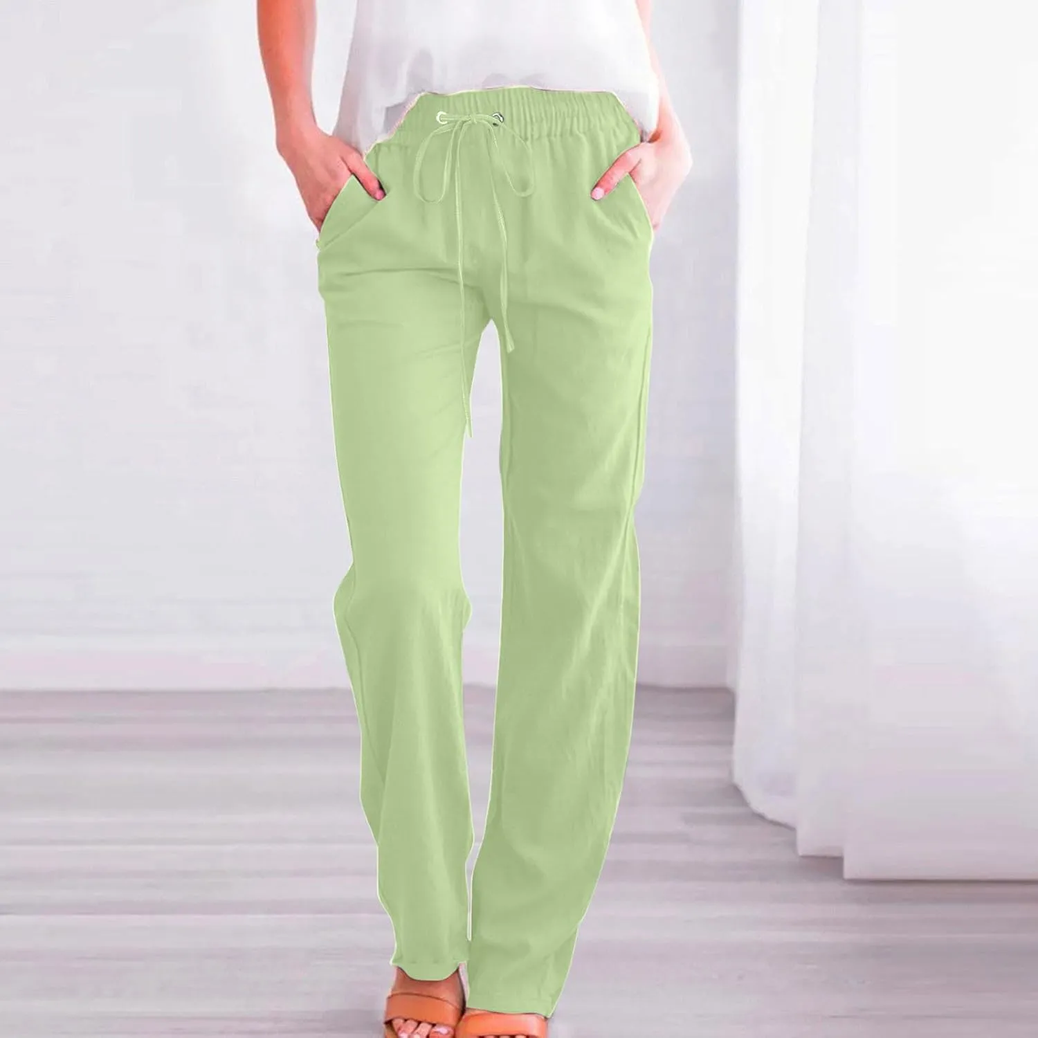 Cotton Linen Pants for Women Straight Leg Drawstring High Waist Trousers Relaxed Fit Elastic Waist Lounge Long Trouser