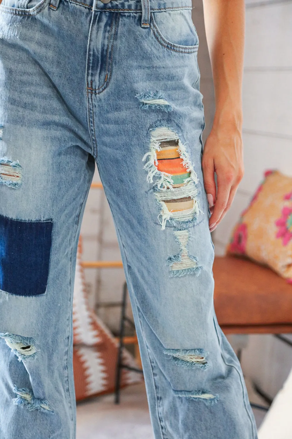 Cotton Washed High Waist Ripped Patchwork Straight Leg Jeans